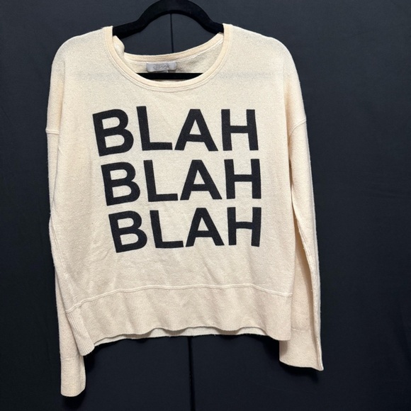 Christopher Fischer cream cashmere long sleeve sweater with “blah blah blah” - Picture 1 of 7